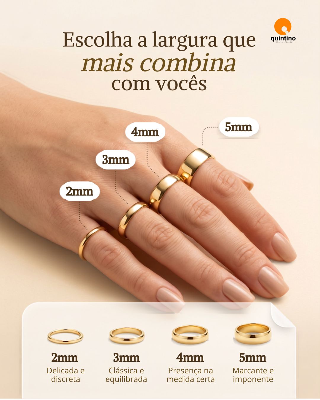 Guia de larguras de alianças da Ótica Quintino: 2mm, 3mm, 4mm e 5mm, mostradas na mão