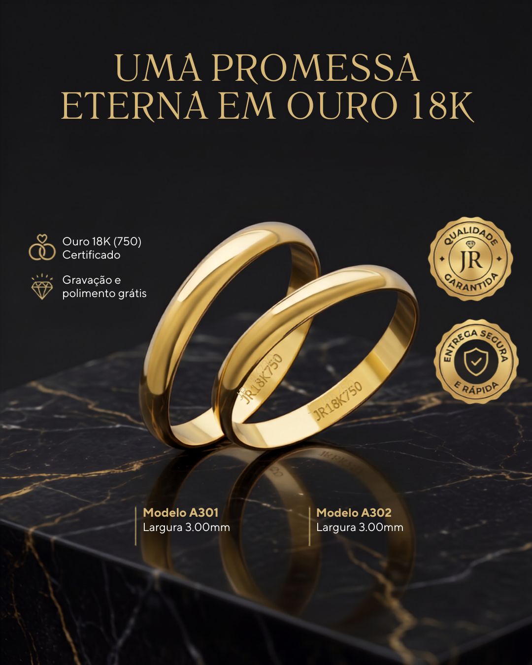 Par de alianças de noivado em ouro 18K, gravação JR18K750, com selo de qualidade certificada